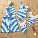 Matching Family Swimsuit Blue Stripes Swim Trunks and Sling Stripes Ruffle Bikini Set Swimwear