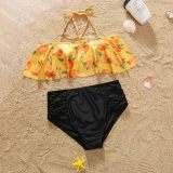 Matching Family Swimsuit Orange Fruits Prints Swim Trunks and Hanging Neck Two Pieces Swimwear