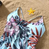 Matching Family Swimsuit Palm Leaves Prints Swim Trunks and Backless Crossing Bikini Set Swimwear