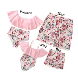 Matching Family Swimsuit Pink Flower Swim Trunks and Ruffle High Waist Bikini Set Swimwear