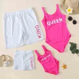 Matching Family Swimsuit White King Prince Swim Trunks and Queen Princess Bikini Swimwear