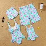Matching Family Swimsuit Flamingos Prints Swim Trunks and  Padded Monokini Bikini Set Swimwear
