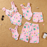 Matching Family Swimsuit Pink Palm Leaves Prints Swim Trunks Shorts and Ruffle Padded Monokini Swimwear