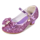 Girls Princess Glitter Sequins Bowknot Pearl Rough Heel Dress Shoes
