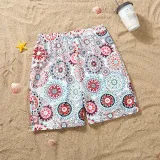 Matching Family Swimsuit Round Flower Prints Swim Trunks and Backless V-Neck Bikini Set Swimwear