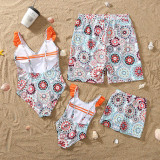 Matching Family Swimsuit Round Flower Prints Swim Trunks and Backless V-Neck Bikini Set Swimwear