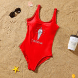 Matching Family Swimsuit Icecream Prints Red Swim Trunks and Padded Monokini Bikini Set Swimwear