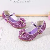Girls Princess Glitter Sequins Bowknot Pearl Rough Heel Dress Shoes