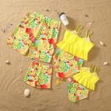 Matching Family Swimsuit Fruits Prints Swim Trunks and High Waist Sling Ruffle Bikini Two Pieces Swimwear