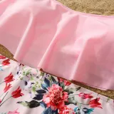 Matching Family Swimsuit Pink Flower Swim Trunks and Ruffle High Waist Bikini Set Swimwear