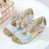 Girls Rainbow Princess Sequins Glitter Bowknot Stubby Heel Dress Shoes