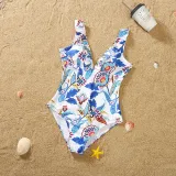 Matching Family Swimsuit Flower Prints Swim Trunks and Deep V One Piece Bikini Swimwear