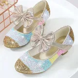 Girls Rainbow Princess Sequins Glitter Bowknot Stubby Heel Dress Shoes