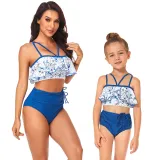 Mom and Me Flowers Off The Shoulders Drawstring High Waist Halter Bikinis Set