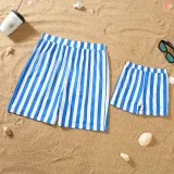 Matching Family Swimsuit Blue Stripes Swim Trunks and Sling Stripes Ruffle Bikini Set Swimwear
