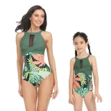 Matching Family Swimsuit Crossing Halter Mesh Palm Leaves Mom and Me Swimwear