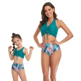 Matching Family Swimsuit Mom and Me Drawstring Hight Waist Palm Leaves Bikinis