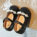 Kids Girl Leather Pearl Velcro Flower Girl Dress Shoes