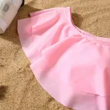 Matching Family Swimsuit Palm Leaves Prints Swim Trunks and Pink Ruffles Pompoms High Waist Bikini Set Swimwear