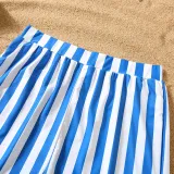 Matching Family Swimsuit Blue Stripes Swim Trunks and Sling Stripes Ruffle Bikini Set Swimwear