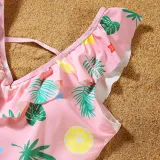 Matching Family Swimsuit Pink Palm Leaves Prints Swim Trunks Shorts and Ruffle Padded Monokini Swimwear