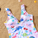 Matching Family Swimsuit Dinosaurs Prints Swim Trunk Shorts and V-Neck Padded Monokini Bikini Set Swimwear