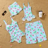 Matching Family Swimsuit Flamingos Prints Swim Trunks and  Padded Monokini Bikini Set Swimwear