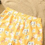 Matching Family Swimsuit Flower Prints Yellow Swim Trunks and Ruffle Hem Bikini Set Swimwear
