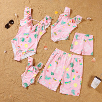 Matching Family Swimsuit Pink Palm Leaves Prints Swim Trunks Shorts and Ruffle Padded Monokini Swimwear
