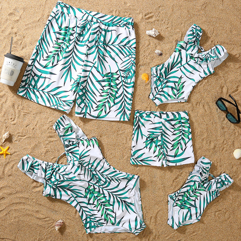 Matching Family Swimsuit Palm Leaves Swim Trunks and V-Neck Ruffles Bikini Set Swimwear