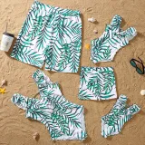Matching Family Swimsuit Palm Leaves Swim Trunks and V-Neck Ruffles Bikini Set Swimwear