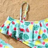 Matching Family Swimsuit Banana Fruits Prints Swim Trunks and One off Shoulder Ruffle Bikini Set Swimwear