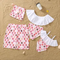 Matching Family Swimsuit Donuts Prints Swim Trunks and White Ruffles Pompoms High Waist Bikini Set Swimwear