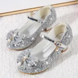 Girls Princess Glitter Sequins Bowknot Pearl Rough Heel Dress Shoes