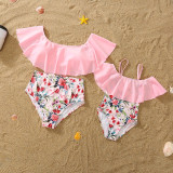 Matching Family Swimsuit Pink Flower Swim Trunks and Ruffle High Waist Bikini Set Swimwear