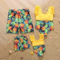 Matching Family Suit Palm Tree Leaves Swim Trunks and Two Pieces Ruffle Swimwear