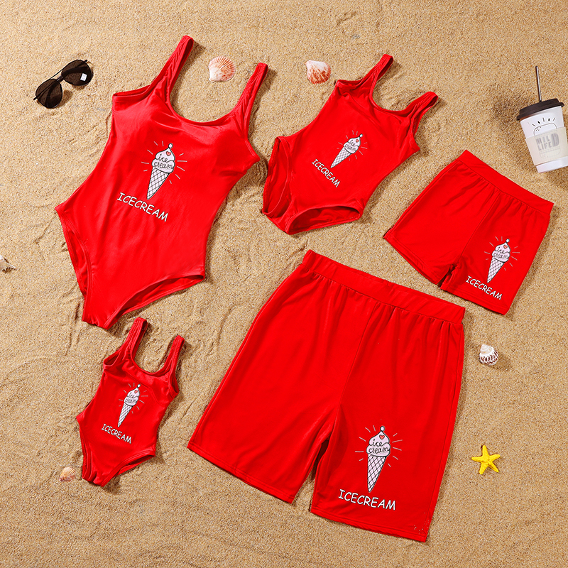 Matching Family Swimsuit Icecream Prints Red Swim Trunks and Padded Monokini Bikini Set Swimwear