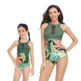Matching Family Swimsuit Crossing Halter Mesh Palm Leaves Mom and Me Swimwear