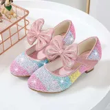 Girls Rainbow Princess Sequins Glitter Bowknot Stubby Heel Dress Shoes