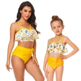 Mom and Me Flowers Off The Shoulders Drawstring High Waist Halter Bikinis Set