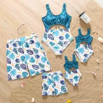 Matching Family Swimsuit Hawaii Palm Leaves Swim Trunks and Tropical Vibes Bikini Blue Swimwear