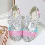 Girls Rainbow Princess Sequins Glitter Bowknot Stubby Heel Dress Shoes