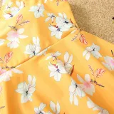 Matching Family Swimsuit Flower Prints Yellow Swim Trunks and Ruffle Hem Bikini Set Swimwear