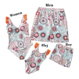 Matching Family Swimsuit Round Flower Prints Swim Trunks and Backless V-Neck Bikini Set Swimwear
