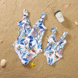 Matching Family Swimsuit Flower Prints Swim Trunks and Deep V One Piece Bikini Swimwear