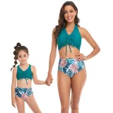 Matching Family Swimsuit Mom and Me Drawstring Hight Waist Palm Leaves Bikinis