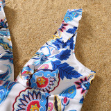 Matching Family Swimsuit Flower Prints Swim Trunks and Deep V One Piece Bikini Swimwear