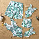 Matching Family Swimsuit Palm Leaves Swim Trunks and V-Neck Ruffles Bikini Set Swimwear