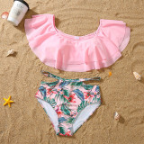Matching Family Swimsuit Palm Leaves Prints Swim Trunks and Pink Ruffles Pompoms High Waist Bikini Set Swimwear