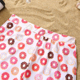 Matching Family Swimsuit Donuts Prints Swim Trunks and White Ruffles Pompoms High Waist Bikini Set Swimwear
